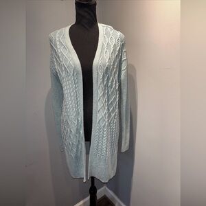 Chicos Aqua  Cable Knit Cashmere Wool Long Cardigan Soft Cozy Sz1 (M)